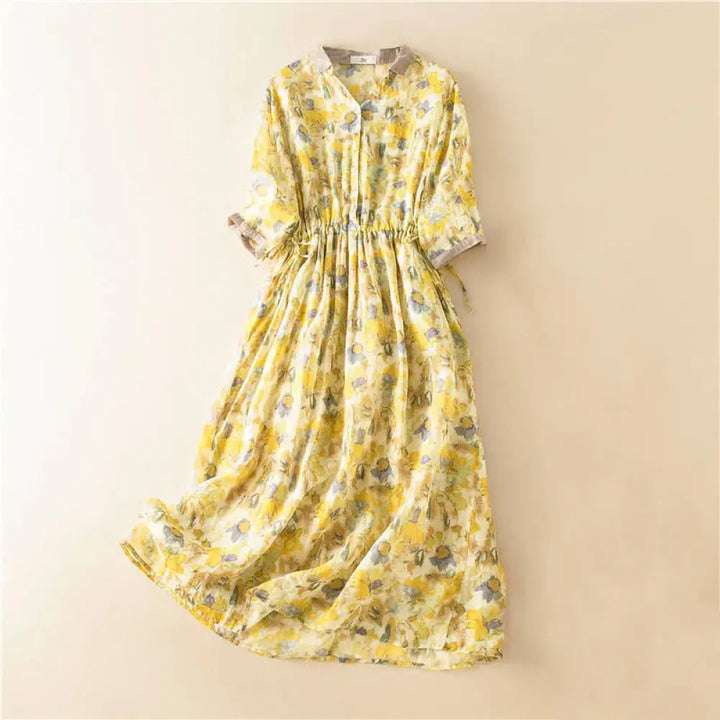 Buddha Stones Half Sleeve Color Contrast Floral Pattern Midi Dress With Pockets - Yellow / US4，UK/AU8，EU36 (L) - Midi