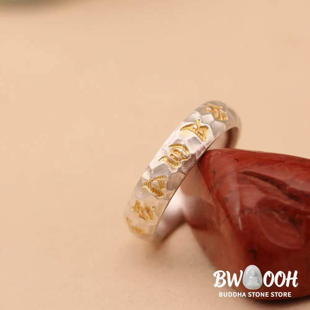 Buddha Stones Hammer Pattern Om Mani Padme Hum Copper Plated Silver Wealth Ring - Copper - Ring