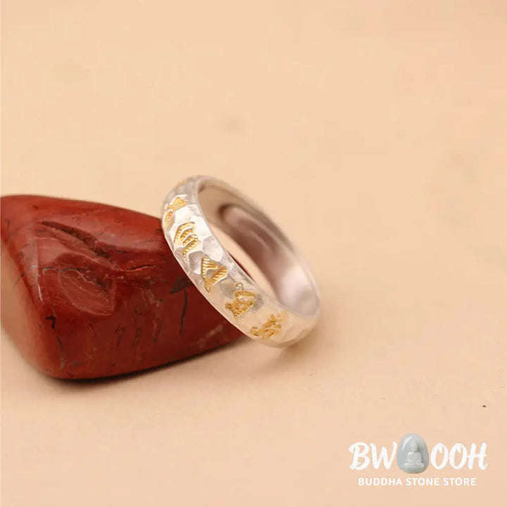 Buddha Stones Hammer Pattern Om Mani Padme Hum Copper Plated Silver Wealth Ring - Copper - Ring