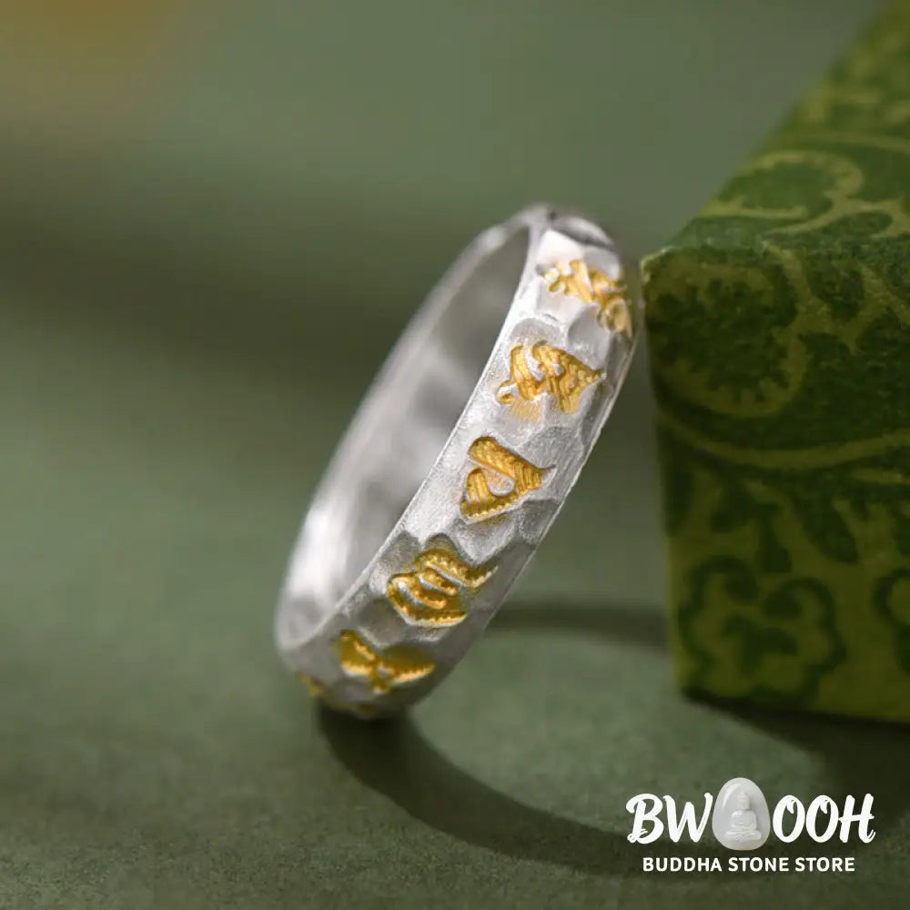Buddha Stones Hammer Pattern Om Mani Padme Hum Copper Plated Silver Wealth Ring - Copper - Ring