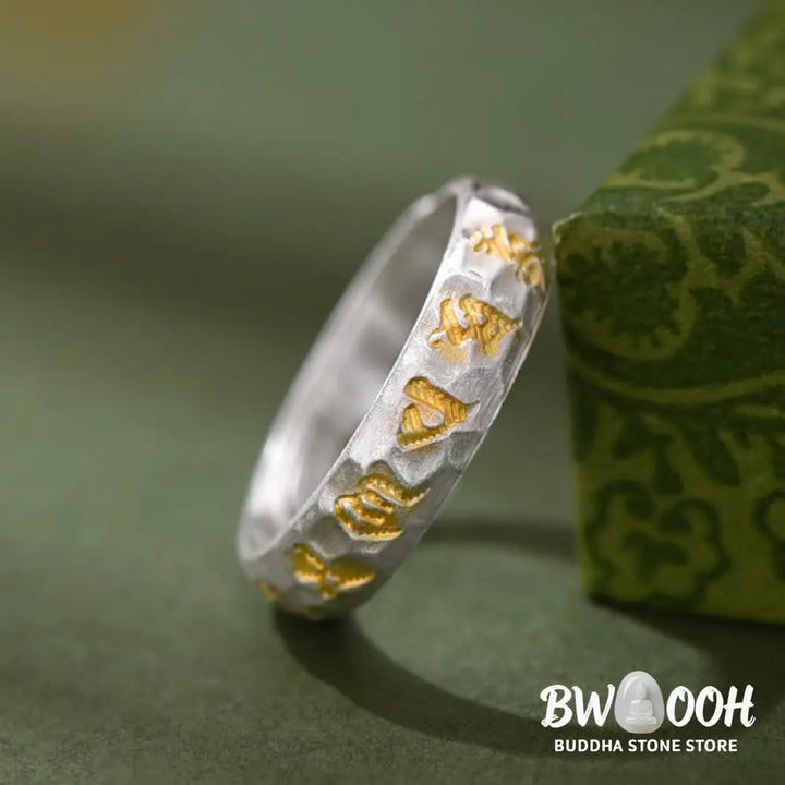 Buddha Stones Hammer Pattern Om Mani Padme Hum Copper Plated Silver Wealth Ring - Copper - Ring