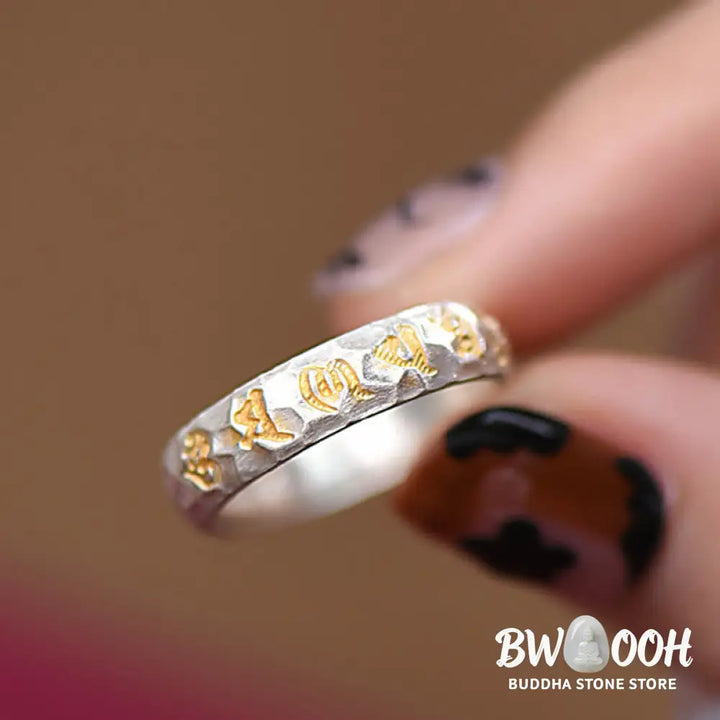 Buddha Stones Hammer Pattern Om Mani Padme Hum Copper Plated Silver Wealth Ring - Copper - Ring