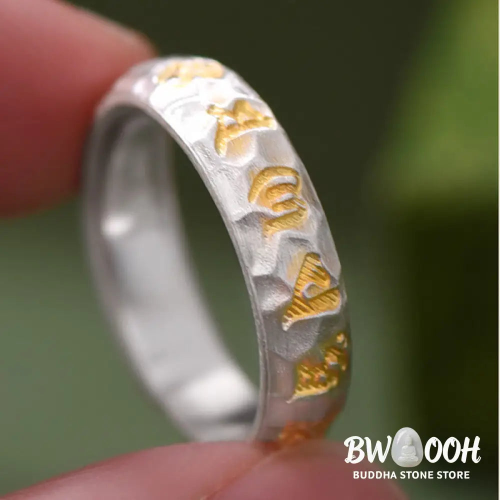 Buddha Stones Hammer Pattern Om Mani Padme Hum Copper Plated Silver Wealth Ring - Copper - Ring