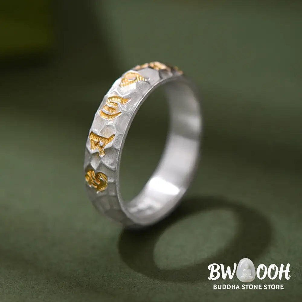 Buddha Stones Hammer Pattern Om Mani Padme Hum Copper Plated Silver Wealth Ring - Copper - Ring