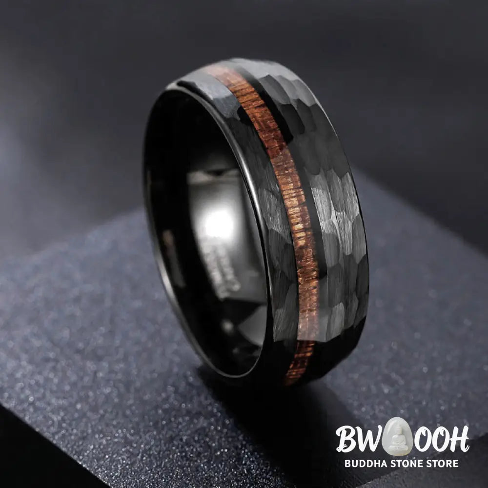 Buddha Stones Hammered Texture Inlay Tungsten Steel Endurance Ring - Ring