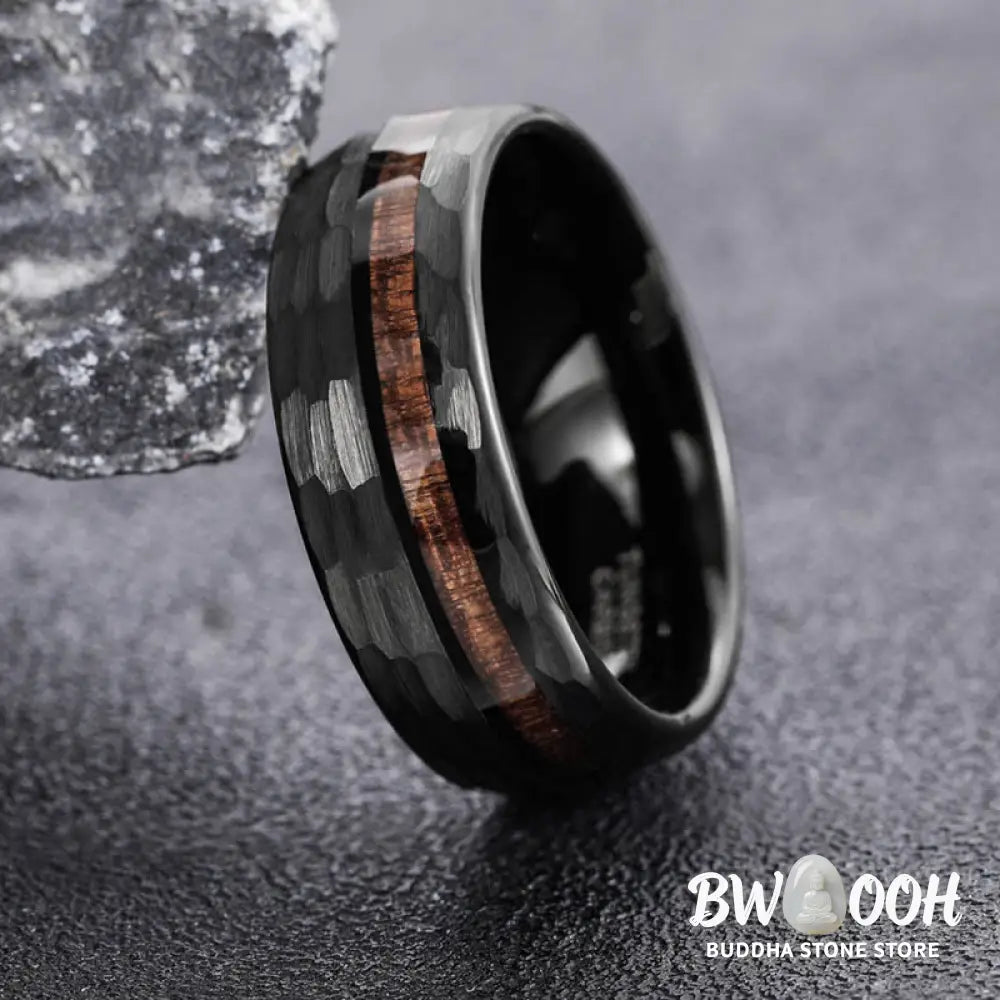 Buddha Stones Hammered Texture Inlay Tungsten Steel Endurance Ring - Ring