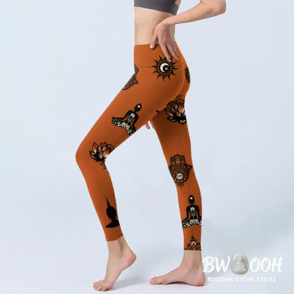 BWOOOH lotus print yoga leggings - Hamsa Hand Lotus Sun Pattern Gym Legging