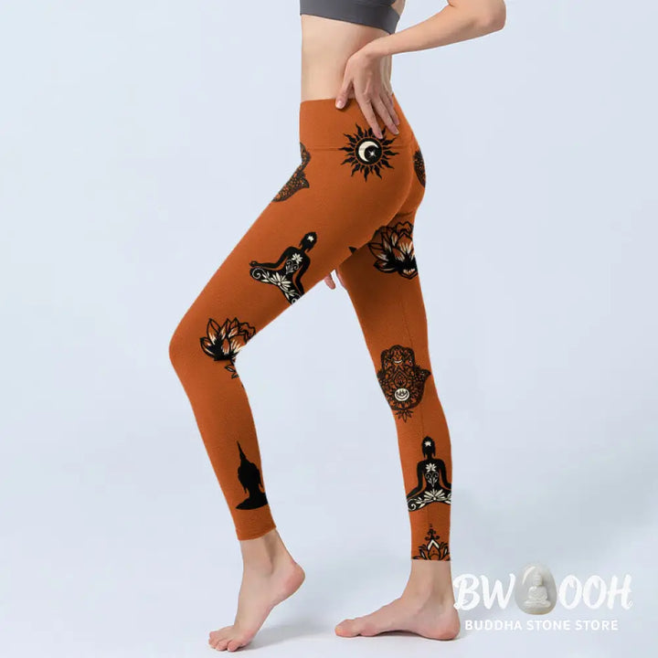 BWOOOH lotus print yoga leggings - Hamsa Hand Lotus Sun Pattern Gym Legging