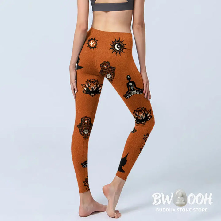 BWOOOH lotus print yoga leggings - Hamsa Hand Lotus Sun Pattern Gym Legging