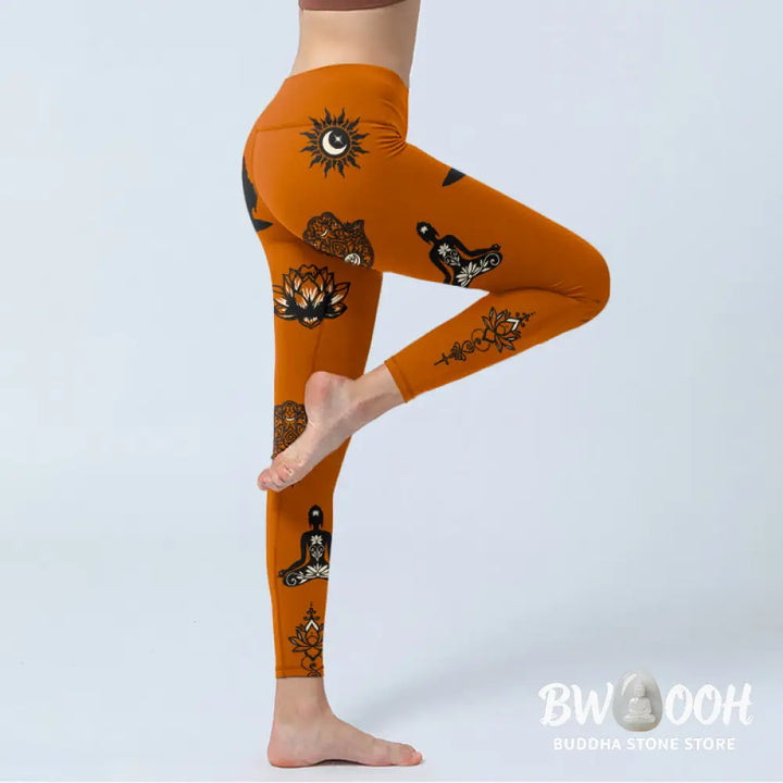 BWOOOH lotus print yoga leggings - Hamsa Hand Lotus Sun Pattern Gym Legging
