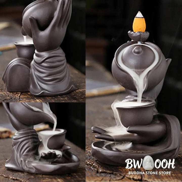 BWOOOH ceramic backflow incense burner - Buddha Hand Holding Teapot Cup Cera