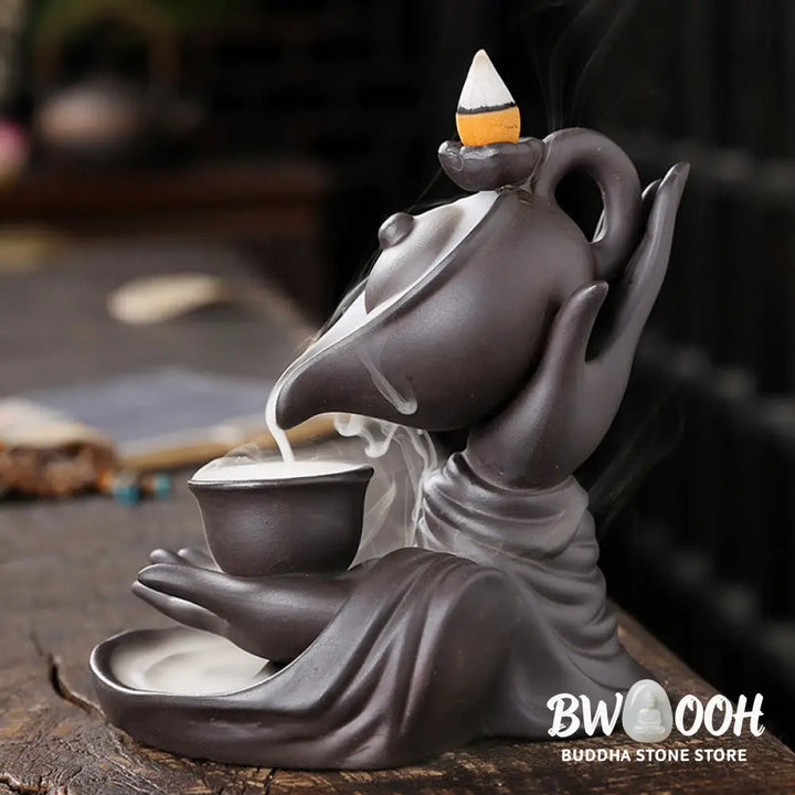 BWOOOH ceramic backflow incense burner - Buddha Hand Holding Teapot Cup Cera