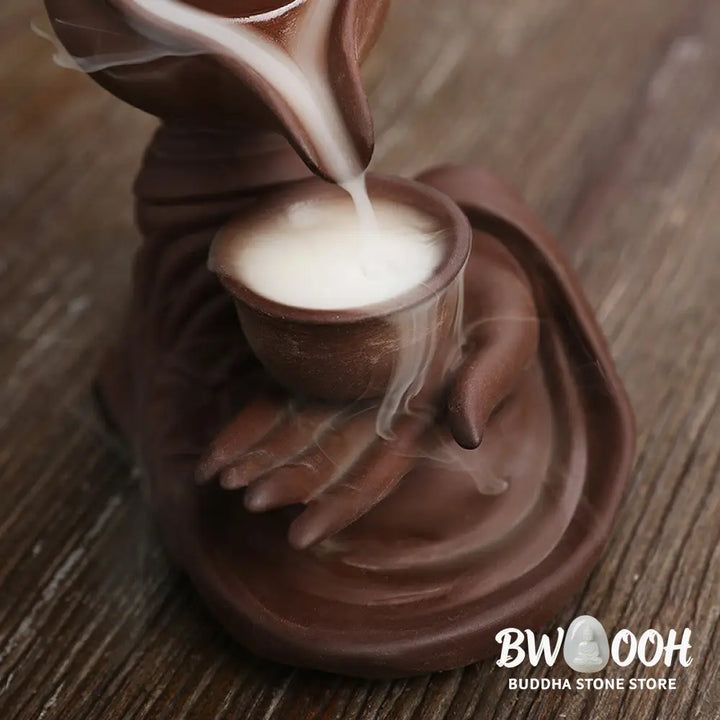 BWOOOH ceramic backflow incense burner - Buddha Hand Holding Teapot Cup Cera