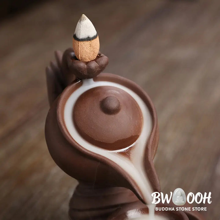 BWOOOH ceramic backflow incense burner - Buddha Hand Holding Teapot Cup Cera