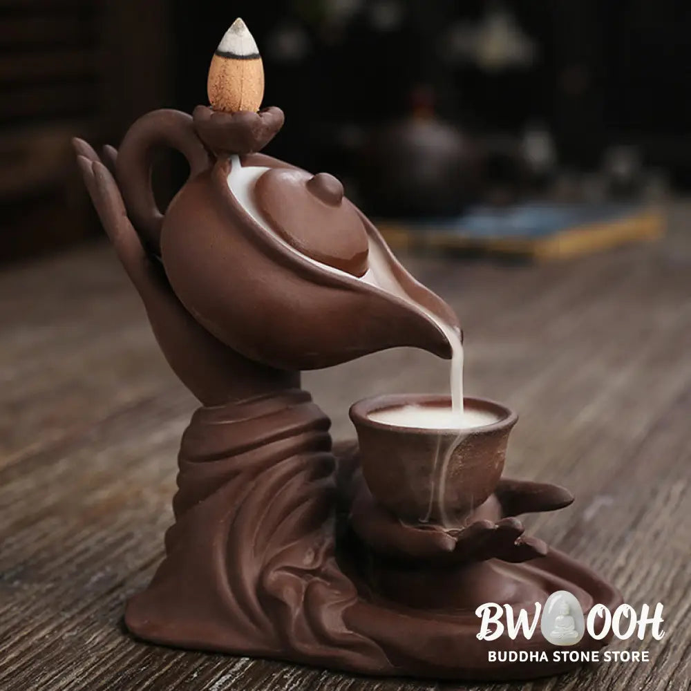 BWOOOH ceramic backflow incense burner - Buddha Hand Holding Teapot Cup Cera