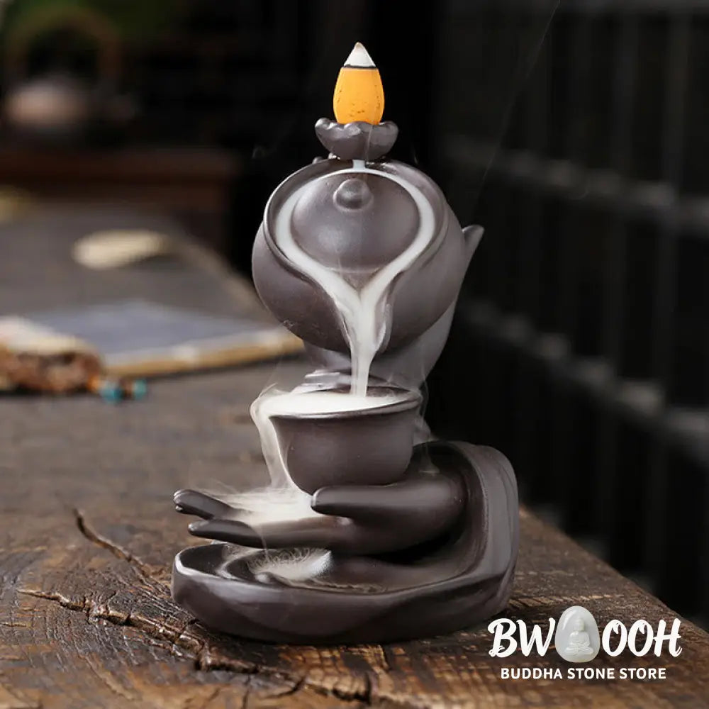 BWOOOH ceramic backflow incense burner - Buddha Hand Holding Teapot Cup Cera