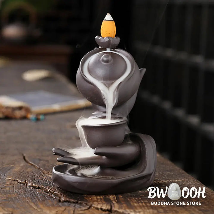 BWOOOH ceramic backflow incense burner - Buddha Hand Holding Teapot Cup Cera