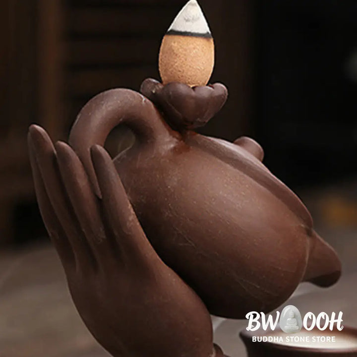 BWOOOH ceramic backflow incense burner - Buddha Hand Holding Teapot Cup Cera