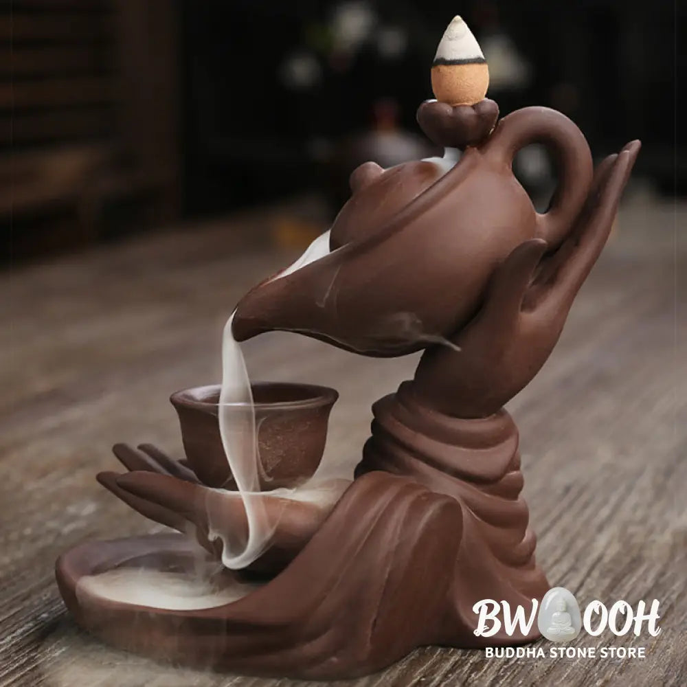 BWOOOH ceramic backflow incense burner - Buddha Hand Holding Teapot Cup Cera