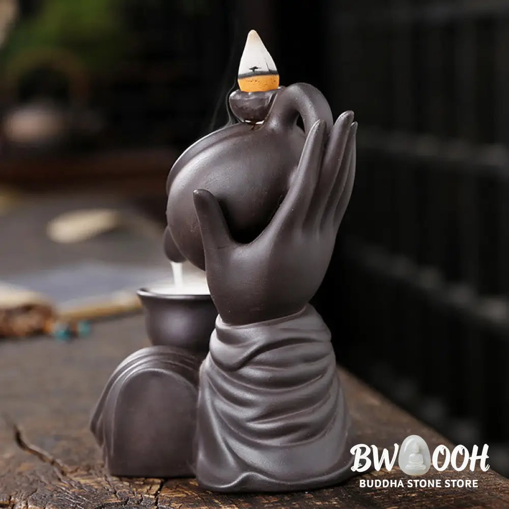 BWOOOH ceramic backflow incense burner - Buddha Hand Holding Teapot Cup Cera