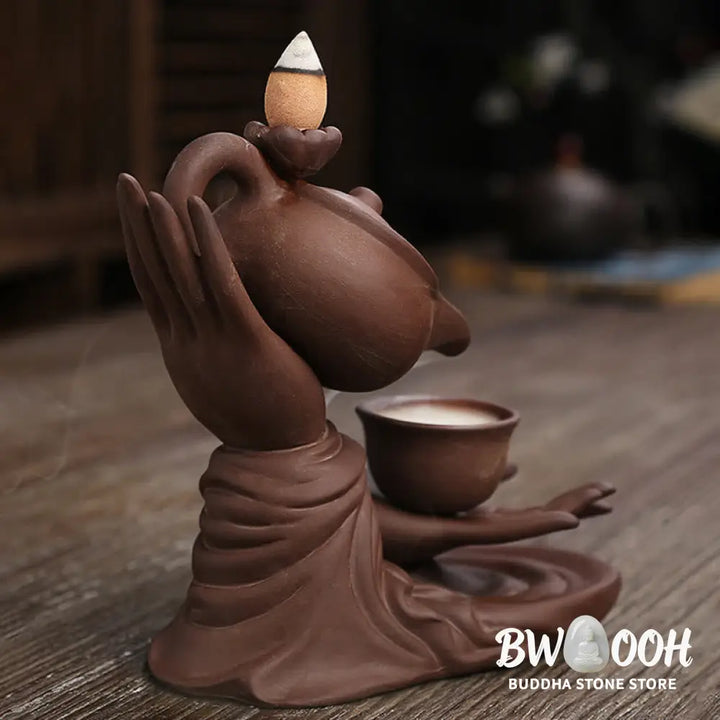 BWOOOH ceramic backflow incense burner - Buddha Hand Holding Teapot Cup Cera