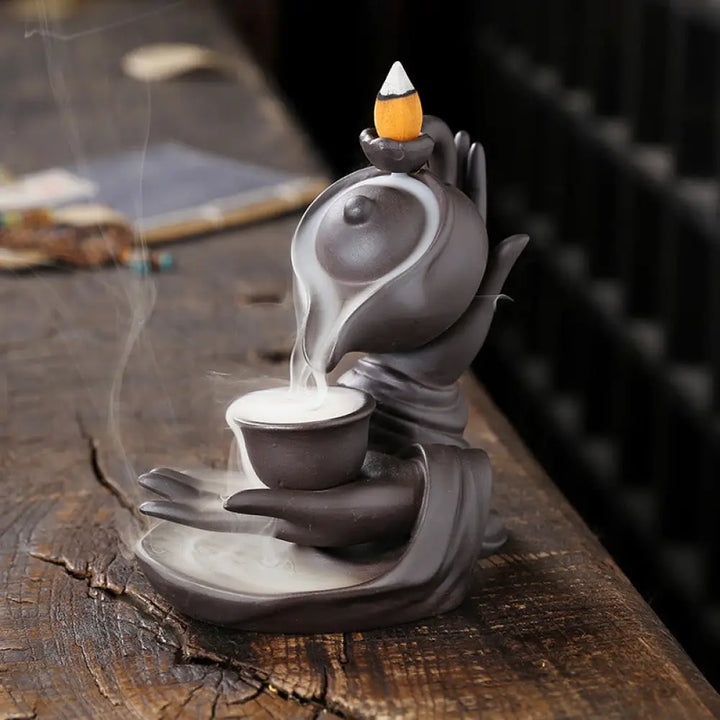 BWOOOH ceramic backflow incense burner - Buddha Hand Holding Teapot Cup Cera