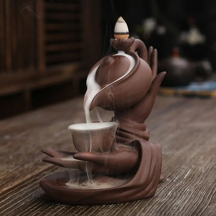 BWOOOH ceramic backflow incense burner - Buddha Hand Holding Teapot Cup Cera
