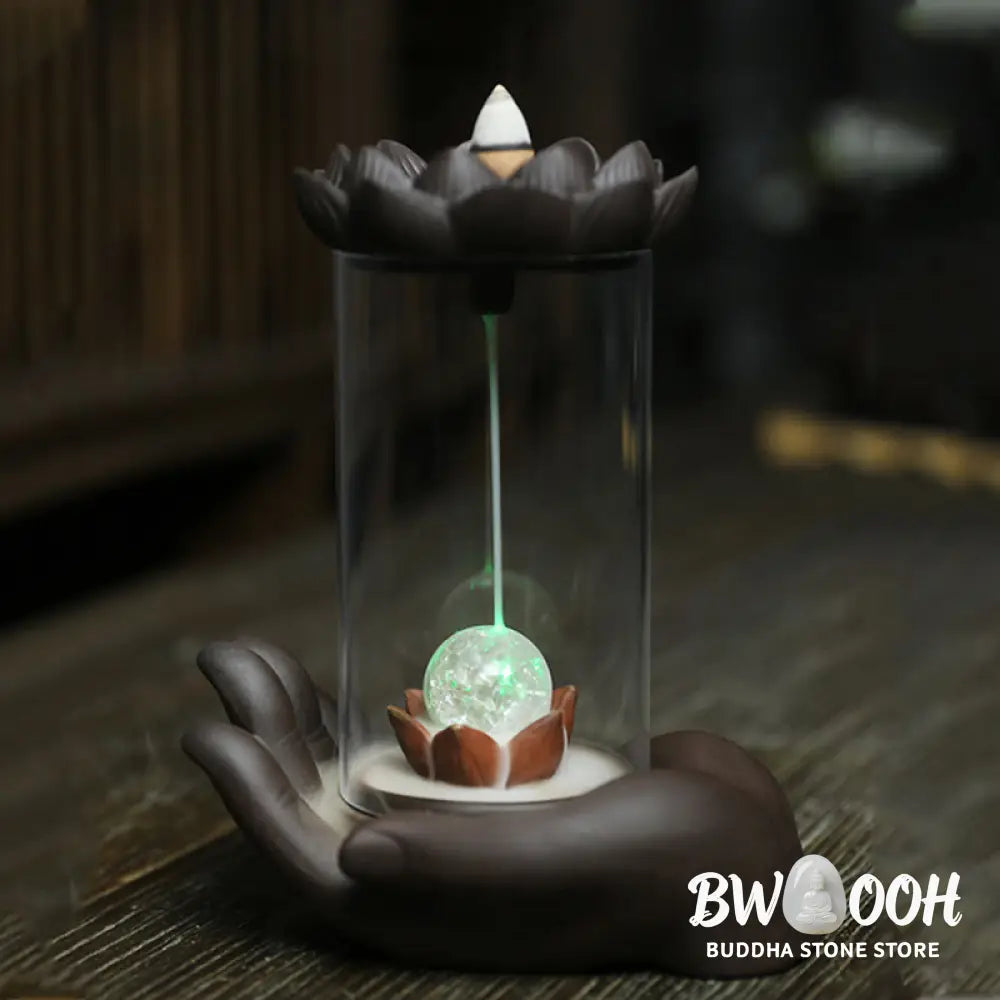 BWOOOH Buddha Hand Lotus Enlightenment LED Light Purple Clay Ceramic Incense Burner Decoration - Buddha Hand