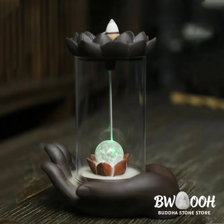 BWOOOH Buddha Hand Lotus Enlightenment LED Light Purple Clay Ceramic Incense Burner Decoration - Buddha Hand