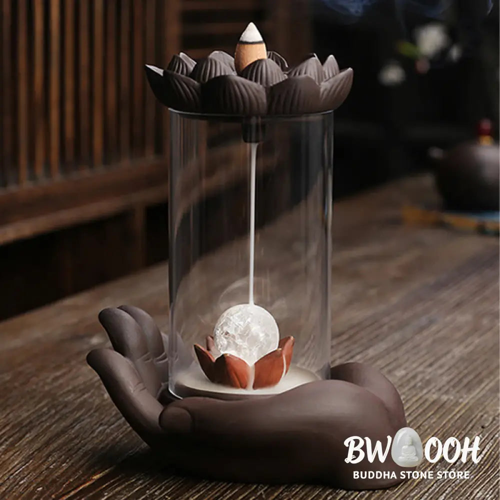 BWOOOH Buddha Hand Lotus Enlightenment LED Light Purple Clay Ceramic Incense Burner Decoration - Buddha Hand