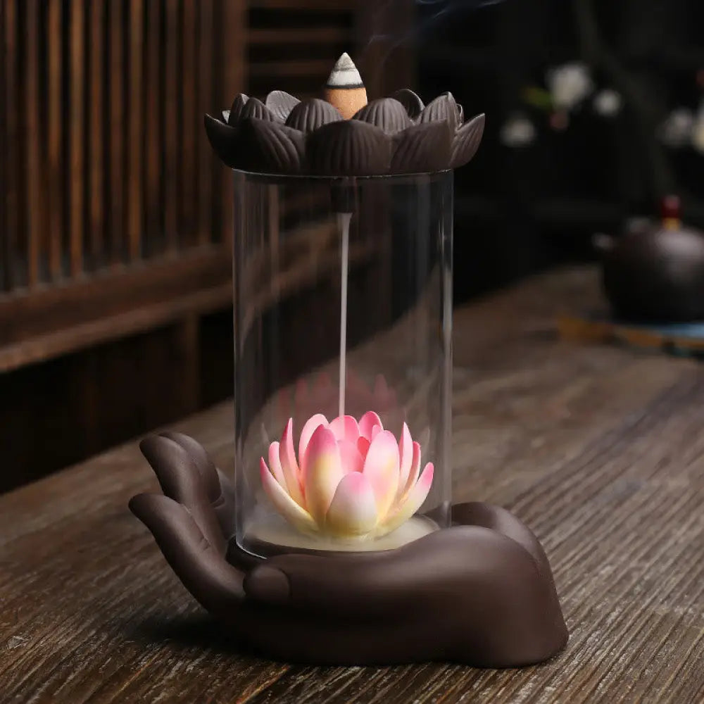 BWOOOH Buddha Hand Lotus Enlightenment LED Light Purple Clay Ceramic Incense Burner Decoration - Buddha Hand