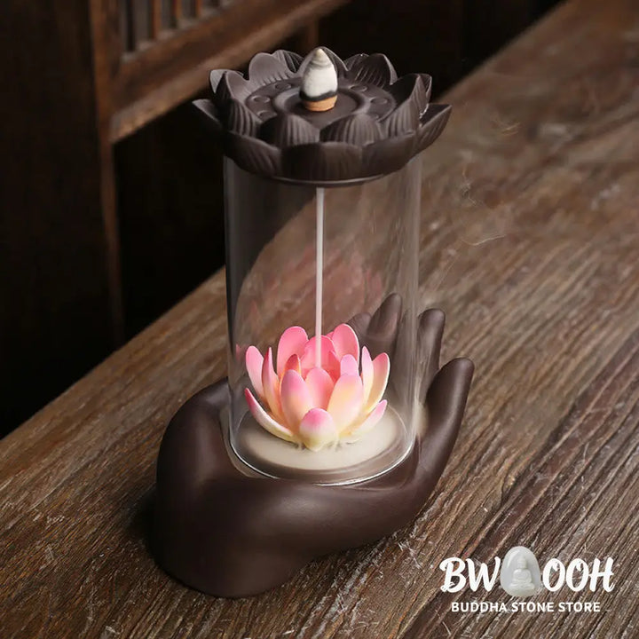 BWOOOH Buddha Hand Lotus Enlightenment LED Light Purple Clay Ceramic Incense Burner Decoration - Buddha Hand