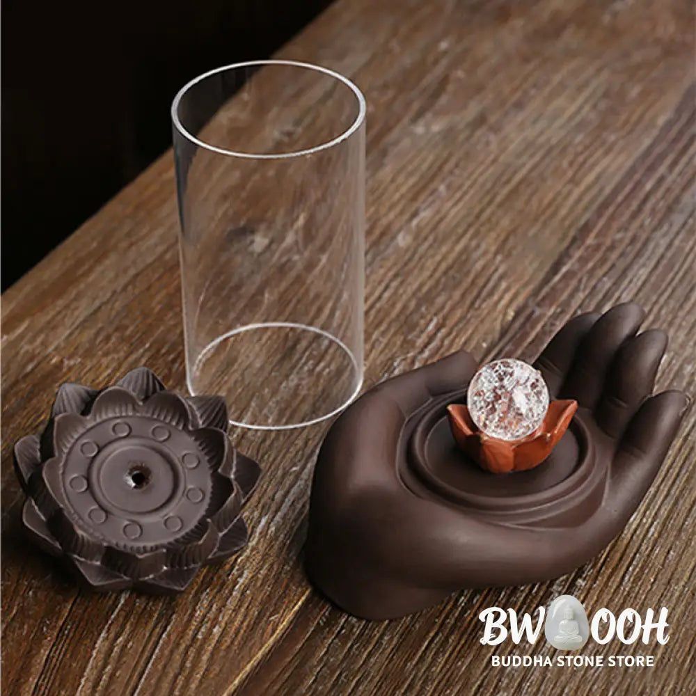 BWOOOH Buddha Hand Lotus Enlightenment LED Light Purple Clay Ceramic Incense Burner Decoration - Buddha Hand