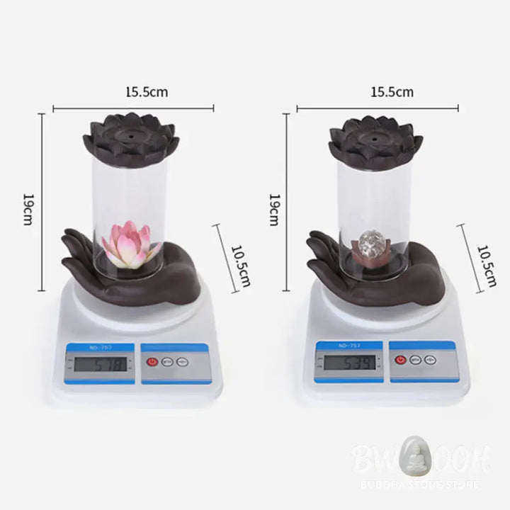 BWOOOH Buddha Hand Lotus Enlightenment LED Light Purple Clay Ceramic Incense Burner Decoration - Buddha Hand