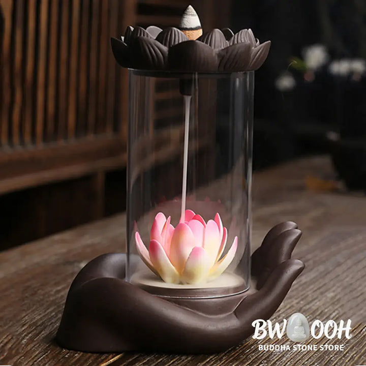 BWOOOH Buddha Hand Lotus Enlightenment LED Light Purple Clay Ceramic Incense Burner Decoration - Buddha Hand