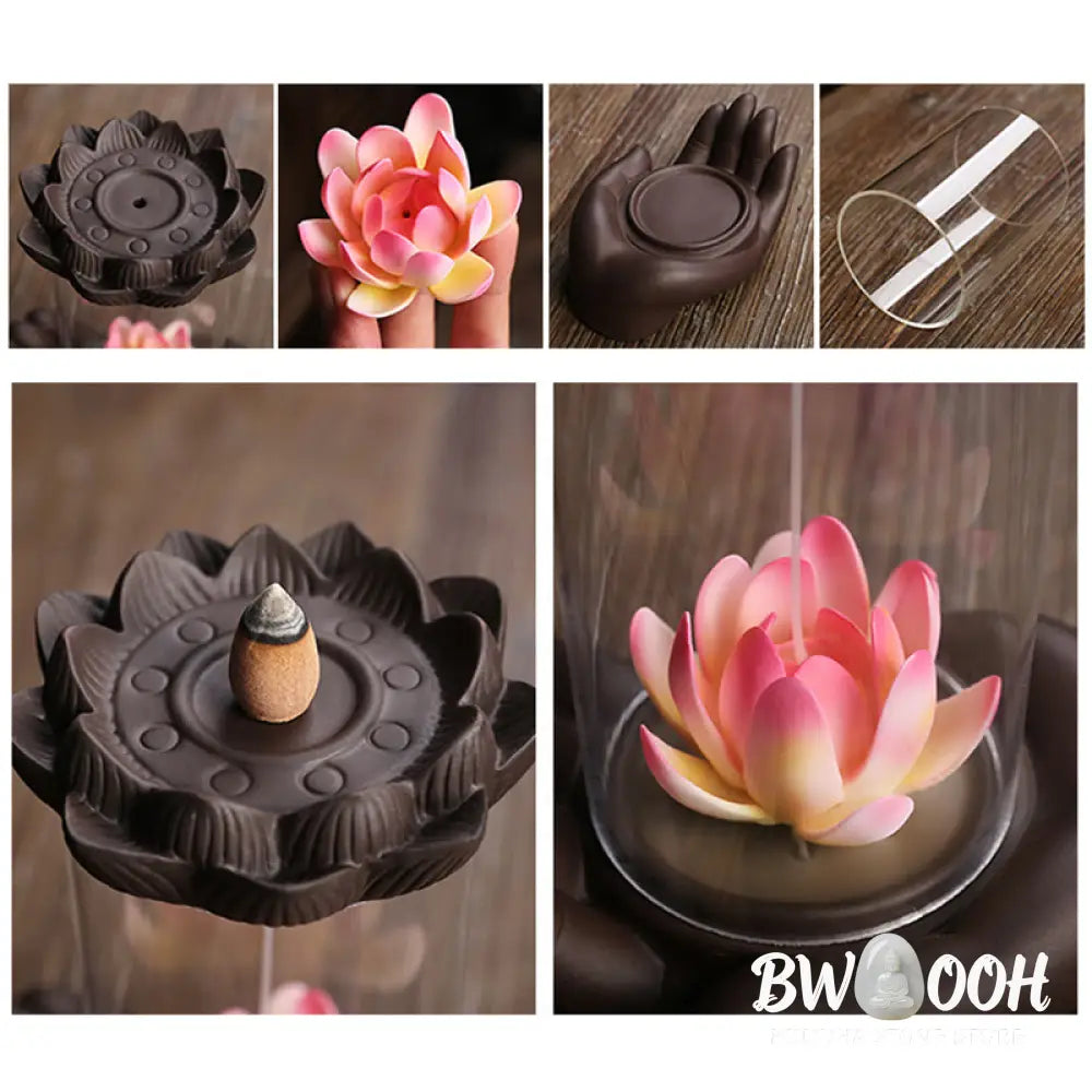 BWOOOH Buddha Hand Lotus Enlightenment LED Light Purple Clay Ceramic Incense Burner Decoration - Buddha Hand