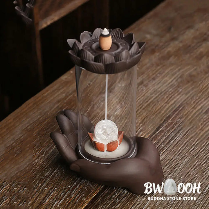 BWOOOH Buddha Hand Lotus Enlightenment LED Light Purple Clay Ceramic Incense Burner Decoration - Buddha Hand
