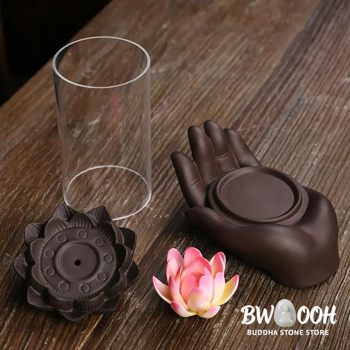 BWOOOH Buddha Hand Lotus Enlightenment LED Light Purple Clay Ceramic Incense Burner Decoration - Buddha Hand