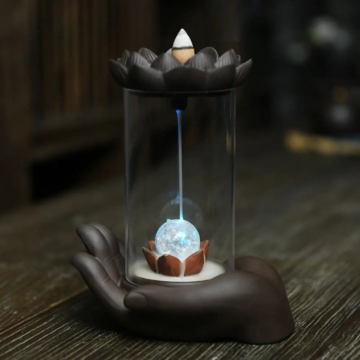 BWOOOH Buddha Hand Lotus Enlightenment LED Light Purple Clay Ceramic Incense Burner Decoration - Buddha Hand