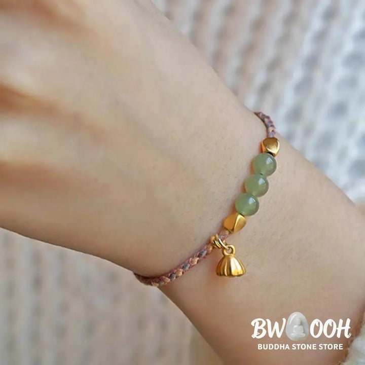 Buddha Stones Handcrafted Hetian Jade Lotus Charm Luck Braided Bracelet - BWOOOH - Bracelet