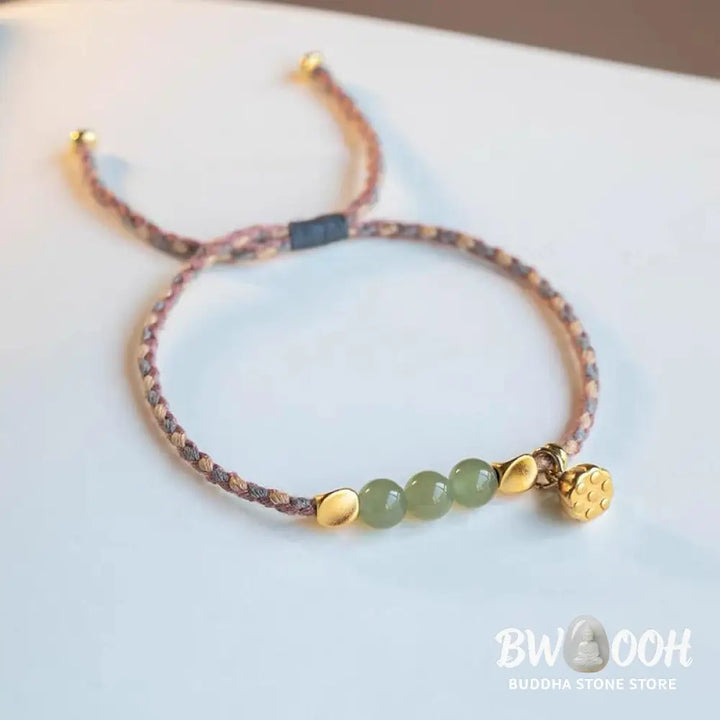 Buddha Stones Handcrafted Hetian Jade Lotus Charm Luck Braided Bracelet - BWOOOH - Bracelet