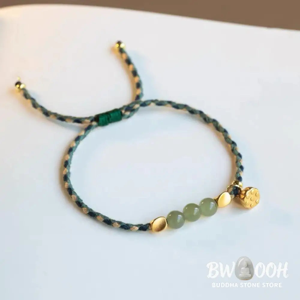 Buddha Stones Handcrafted Hetian Jade Lotus Charm Luck Braided Bracelet - BWOOOH - Bracelet