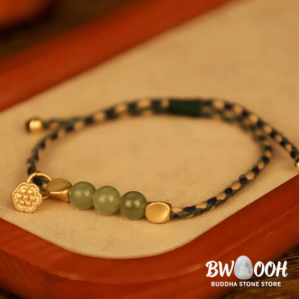 Buddha Stones Handcrafted Hetian Jade Lotus Charm Luck Braided Bracelet - BWOOOH - Bracelet