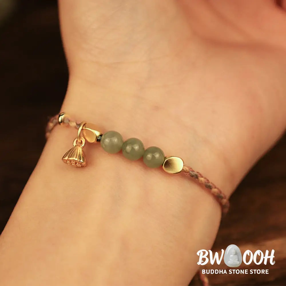 Buddha Stones Handcrafted Hetian Jade Lotus Charm Luck Braided Bracelet - BWOOOH - Bracelet
