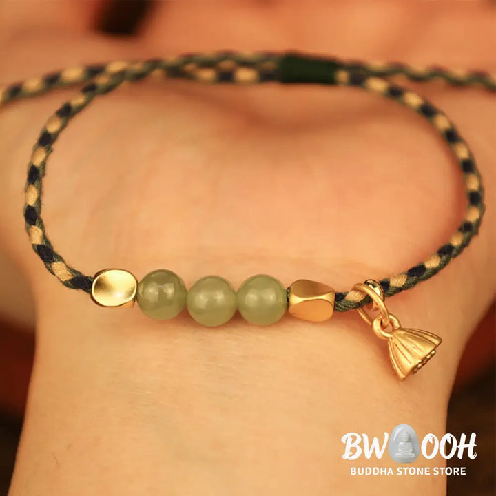 Buddha Stones Handcrafted Hetian Jade Lotus Charm Luck Braided Bracelet - BWOOOH - Bracelet