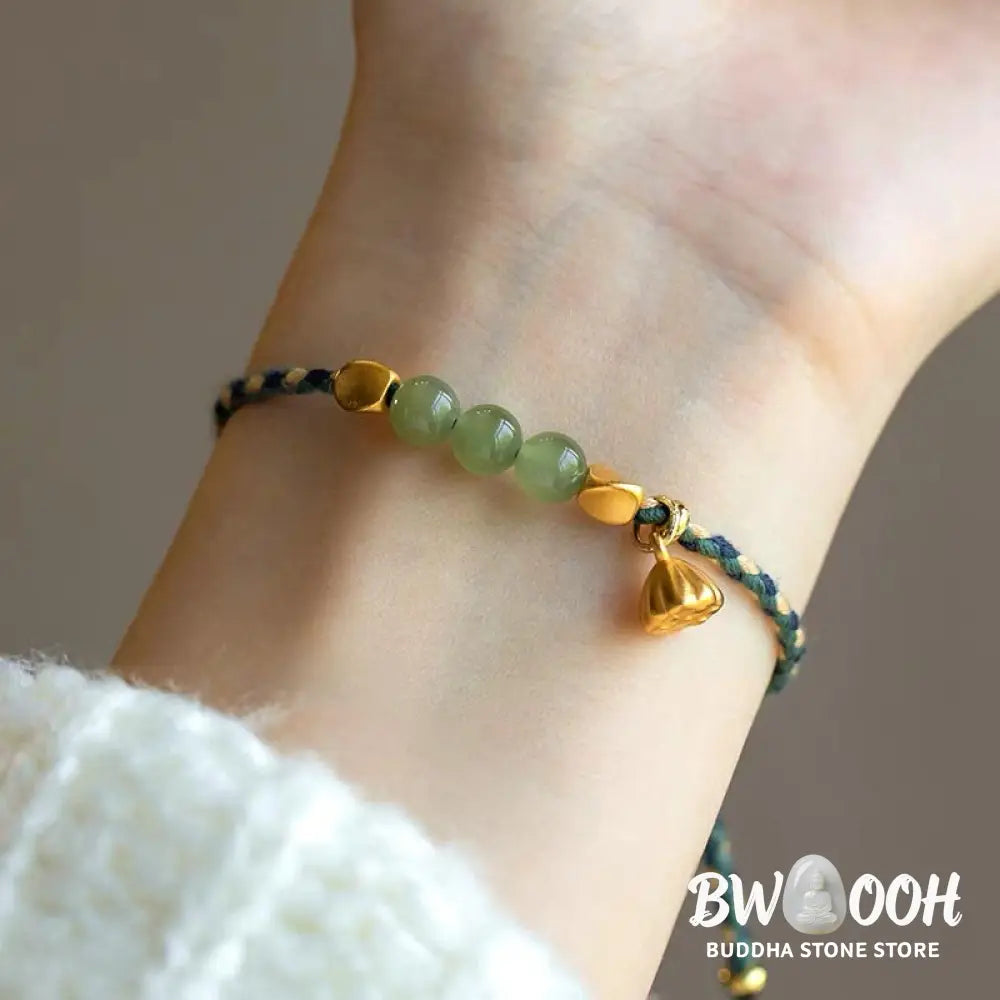 Buddha Stones Handcrafted Hetian Jade Lotus Charm Luck Braided Bracelet - BWOOOH - Bracelet