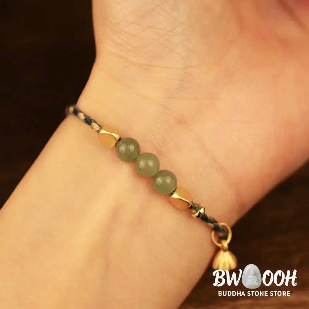Buddha Stones Handcrafted Hetian Jade Lotus Charm Luck Braided Bracelet - BWOOOH - Bracelet