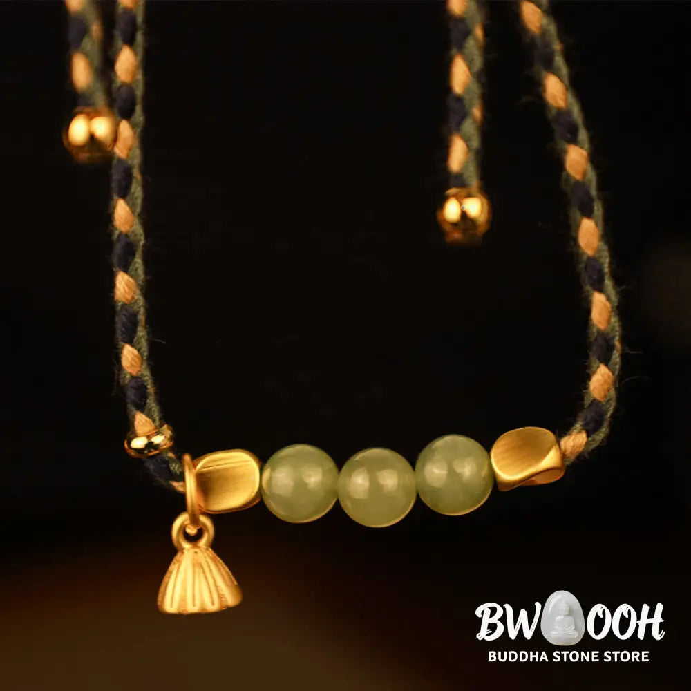 Buddha Stones Handcrafted Hetian Jade Lotus Charm Luck Braided Bracelet - BWOOOH - Bracelet