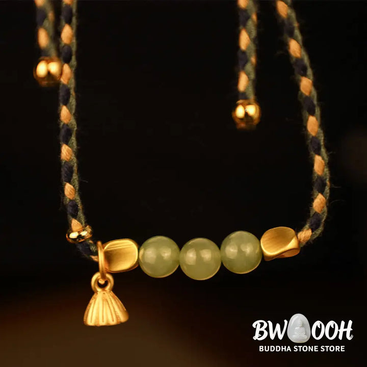 Buddha Stones Handcrafted Hetian Jade Lotus Charm Luck Braided Bracelet - BWOOOH - Bracelet