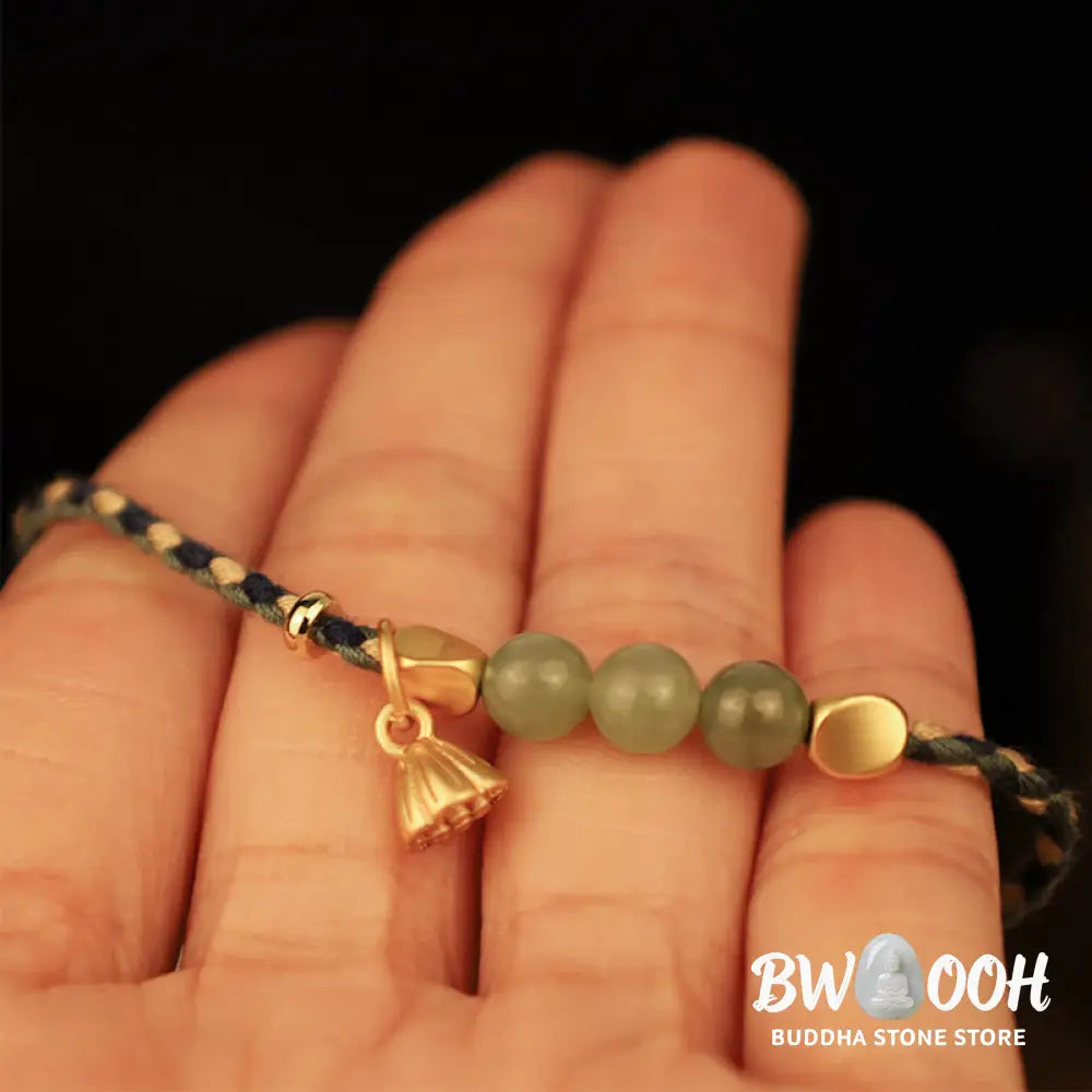 Buddha Stones Handcrafted Hetian Jade Lotus Charm Luck Braided Bracelet - BWOOOH - Bracelet